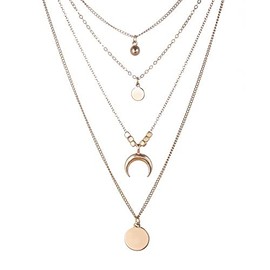 Bohemia Sun and Moon Layered Choker Necklace Crescent Moon Necklace Gold Coin Disc Moon Charm Pendant Necklace for Women and Girls (One size, Golden)