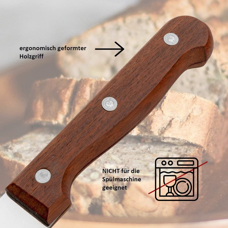 Brotmesser, Edelstahlklinge, Klingenlänge 20cm, Klingenblatt mit scharfem Wellenschliff, bequemer Holzgriff,