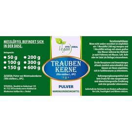 VITA IDEAL Vegan® WEINTRAUBEN - Kerne 100g PULVER - OPC - Vitis vinifera - WEIN - TRAUBENKERNE - natürchich, pflanzlich & ohne Zusatzstoffe - inklusive Messlöffel.