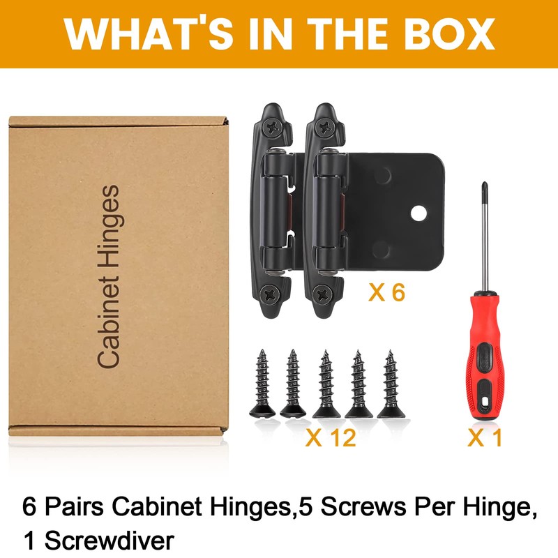 12 Pack 1/2”Overlay Cabinet Door Hinges(Matte Black),Kitchen Cabinet Hinges Black