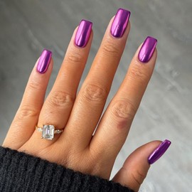 Purple Chrome Square Press on Nails Short Medium,KQueenest Mirror Metal Plating False Acrylic Nails Press Ons,Metallic Fake Nails,Glue on Nails Medium Length,Glossy Stick on Nails in 24PCS