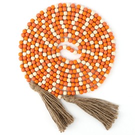 CVHOMEDECO. 16 Feet Wood Beads Garland with Tassels Farmhouse Rustic Wooden Decorative Bead String Wall Hanging Accent for Home Festival Decor. Mix Orange and Beige