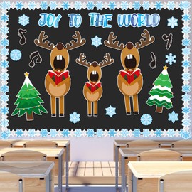 Fuutreo 62 Pcs Christmas Bulletin Board Decoration Christmas Reindeer Music Classroom Bulletin Board Sets Joy to The World Snowflakes Paper Cutouts for Xmas Party Supplies School Winter Holiday Decor