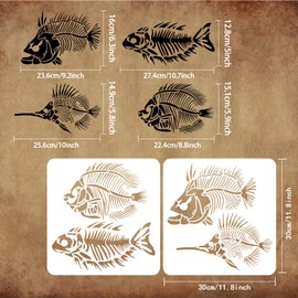 FINGERINSPIRE 2 pcs Fish Fossils Drawing Stencil 11.8x11.8inch Reusable Fish Bones Family Decoration Template DIY Craft Fish Stencils for Painting on Wall, Furniture, Fabric, Wood and Paper