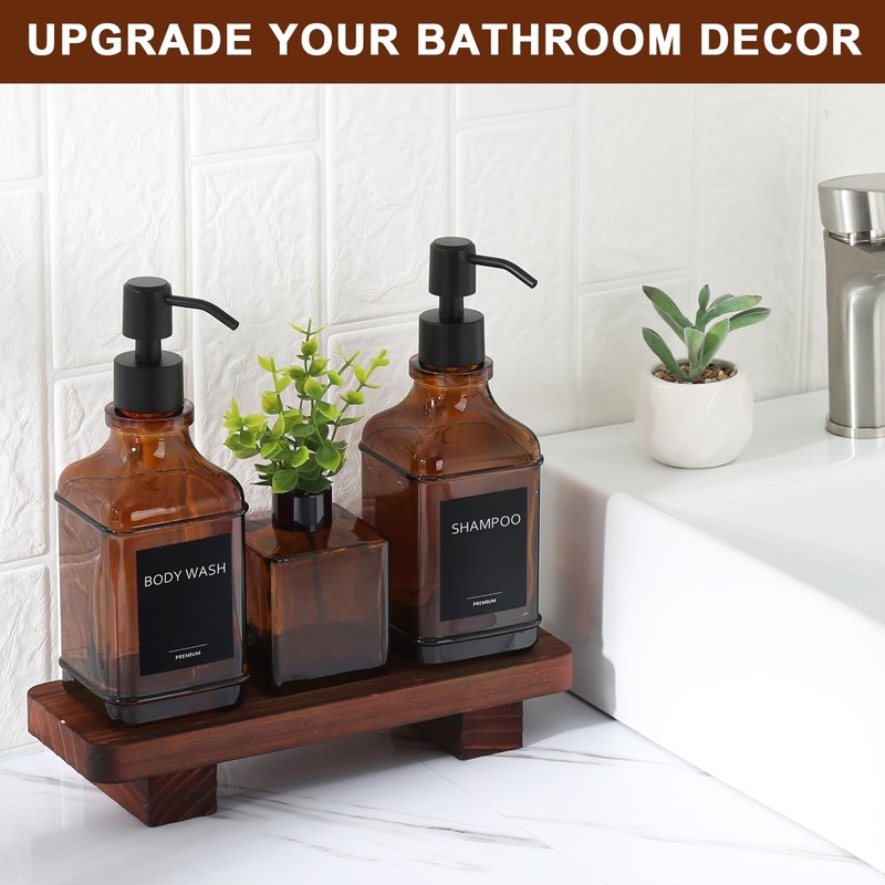 Modern Kitchen Soap Dispenser Set with Wood Tray, Amber Glass