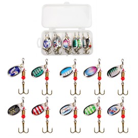 UIHRLM 10 Pack Fishing Spinners, Metal Spinning Lures with Rotating Sequins & Storage Box, Multi Colored Treble Hooks Spinners Bait Set for Fishing Fit Pike, Bass, Trout, Salmon, Perch