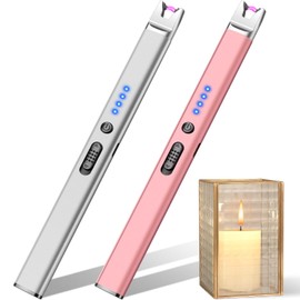 LcFun 2 Pack Candle Lighter Electric USB Rechargeable Plasma Arc Lighter with Safety Lock, Windproof Flameless Long Lighters for Candle, Grill, BBQ, Camping, Gas Stoves (Silver, Rose Gold)