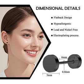 BLISI Titanium Dot Earrings Black 20G Hypoallergenic Black Disc Studs for Sensitive Ears Screw on Flat Back Nap Earrings, Cute Classic Jewelry Present for Women & Men
