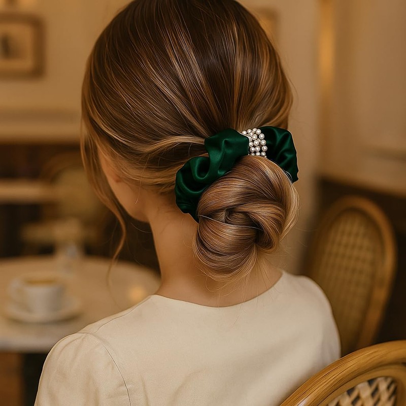 100% Mulberry Silk Scrunchie with Detachable Pearl Bracelet, Green Pure