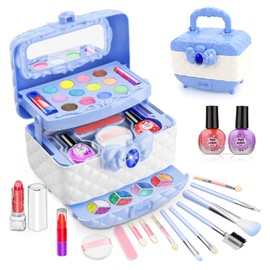 Yostyle Juguetes de Maquillaje para Niños, Cosméticos para Niñas Lavable 41 Piezas, Kit de Maquillaje de Simulación, Estuche de Maquillaje de Princesa con Espejo, para 3+ Años - Azul