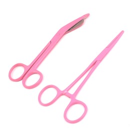 Precise Canada: Set of 2 Lister Bandage Scissors 5.5" + Hemostat Forceps Straight 5.5" Full Pink Color Stainless Steel