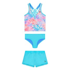 Gerry Conjunto de traje de baño tankini y pantalones cortos de 3 piezas para niñas, Azul / Patchwork, Medium