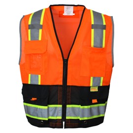 SET OF 5 P5511 Class 2 High viz Two Tone Reflective Strips Breathable Mesh Vest, Pockets Harness D-Ring Pass Thru, ANSI/ISEA, Construction Traffic Emergency (Large, Neon Orange)