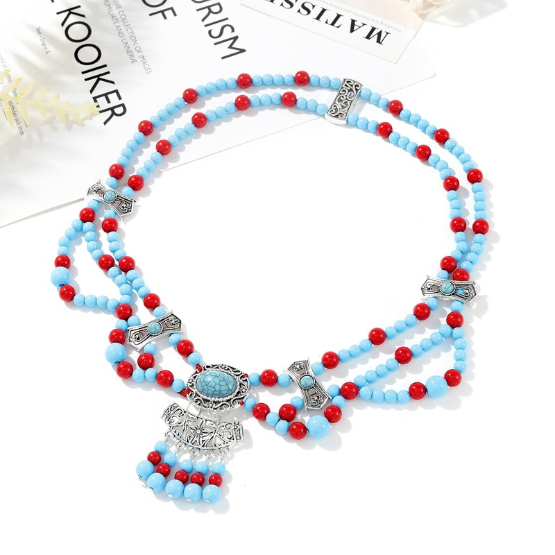 Urieo Boho Turquoise Head Chain Blue Layered Beaded Forehead Chain