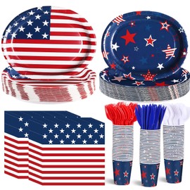 Singhoow 350 Pieces Patriotic Party Supplies 4th of July Party Tableware Set for 50 Guests Include Oval Dinner Plates Dessert Plates USA Napkins Paper Cups Red White Blue Plastic Forks Spoons Knives