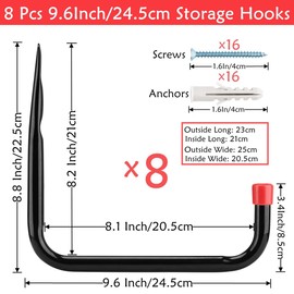 8 x Wall Mount Hooks 24.5cm Garage Hanger for Ladder Chair Garden Tool Hose Bicycle (22.5cm x 24.5cm)