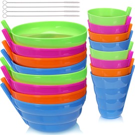 LemonRoad 20 Pack Cereal Bowls with Straws Colorful 8 Pcs 16 oz Bowls and 8 Pcs 10 oz Cups Both with Built in Straw Includes 4 Pieces Cleaning Brushes Reusable Dishwasher for Milk Soup(Round)