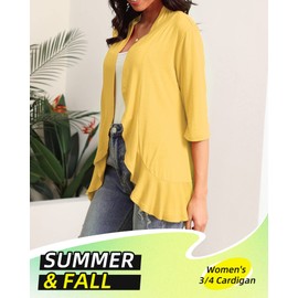 Argstar Yellow cardigan for women, Lightweight Casual Open Front Soft Draped Ruffles 3/4 Sleeve L