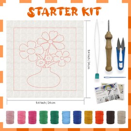 BEUNITONE 3 Sets DIY Punch Needle Kits for Beginners,Little Flower Pre-Printed Pattern,Embroidery Punch Needle Starter Kits for Adults,Includes Pre-Printed Cloth,Yarns,Hoops,Threader and Instruction