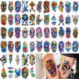 66 Sheets Watercolor Temporary Tattoos For Men Women Forearm Shoulder Legs Body Arm, 12 Sheets Long Lasting Lion Tiger Wolf Dragon Ealge Fake Tattoo Sleeve Adults, 54 Sheets Groovy Small Tatoos Kids
