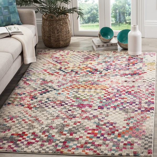 SAFAVIEH Monaco Collection MNC241G Boho Pixel Abstract Non-Shedding Living Room Bedroom Accent Area Rug, 4' x 5'7", Grey / Multi