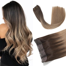 Sindra Invisible Fish Line Hair Extensions 18 Inch Ombre Dark Brown to Ash Brown Remy Human Hair Secret Fish Wire Extensions 80 Gram(#2T8-18inch)