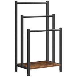 HOOBRO Free Standing Towel Rack, 3 Tier Blanket Rack, Blanket Holder for Bathroom, 16.9" L x 11" W x 31.9" H, Industrial Metal Drying and Display Rack with Shelf, Rustic Brown and Black BF03LB01