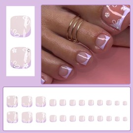 False Toenails Short - 24pcs Flower Patterns French Tip Press on Toe Nails - 12 Sizes Square Purple Stick on Toenails - Removable,Glossy Light Weight Fake Toe Nails for Big Toe