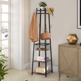 VECELO Industrial Coat Rack,Enterway Clothes Stand with 2 Tier Storage Shelves and Metal Basket,Upgrade Hall Trees with 8 Dual Hooks,Antique Brown
