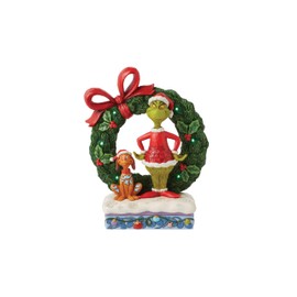 Enesco Dr. Seuss Grinch by Jim Shore Grinch and Max Standing by Wreath Lit Figurine, Stone Resin Hand Crafted Collectible Light Up Christmas Figurines Home Decor Sculpture Statue 8.2 Inch, Multicolor