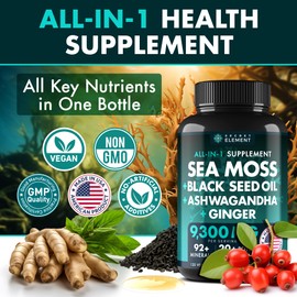 2 Pack Irish Sea Moss Black Seed Oil Ashwagandha Ginger, 20,000mg Capsules, Seamoss Black Seed Oil Ashwagandha Burdock Root, Sea Moss and Ashwagandha, All in One Supplement, 240 Sea Moss Capsules
