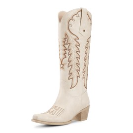 wetkiss Women's Cowboy Boots Knee High Boots Western Boots with Retro Embroidered Pointed Toe Chunky Heel Pull On Long Tall Boot for Ladies (Beige Size9)