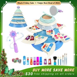 Christmas Fantasy Tree-Shaped Makeup Toy Set Gem Stickers Powder Puff Brush Toy Cosmetics Set Boys and Girls Aged 3+ - Color: Petal Make Up Set
