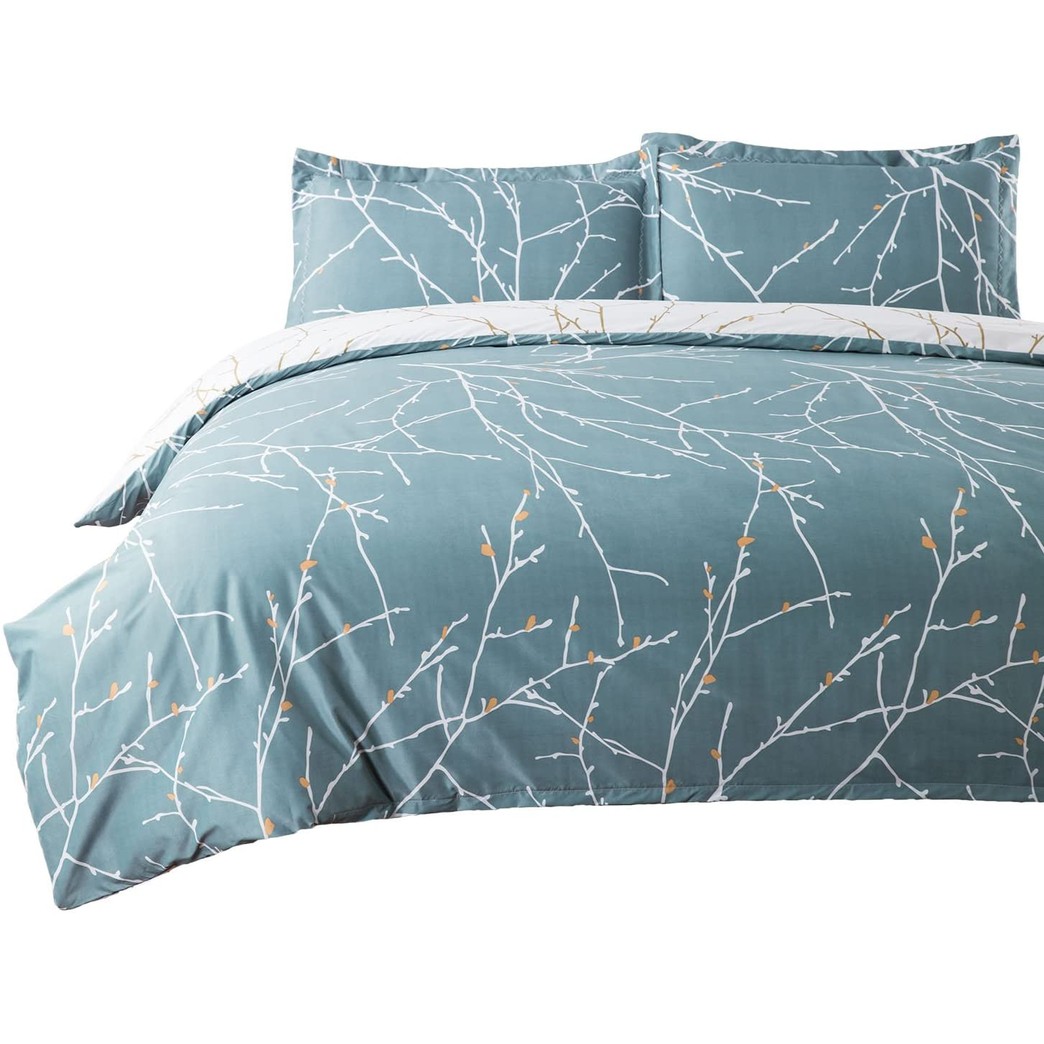 Duvet Cover Set with Zipper Closure-Teal/White Printed Branch Pattern Reversible,Full/Queen (90x90 inches)-3 Pieces (1 Duvet Cover + 2 Pillow Shams)-110 gsm Ultra Soft Hypoallergenic Microfiber