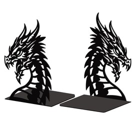 Peacoblue Metal Bookends for Shelves, Modern Decorative Heavy Duty Study Book Support Stoppers for Office, Desk, Shelf, Room 5.3"x4.3"x7.9" Cast Iron Simple Tall Bookends, 1 Pair (Dragon Head)