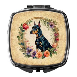 Caroline's Treasures Doberman Pinscher and Flowers Compact Mirror Decorative Travel Makeup Mirror for Women Girls Gifts Pocket Makeup Mirror Folding Handheld
