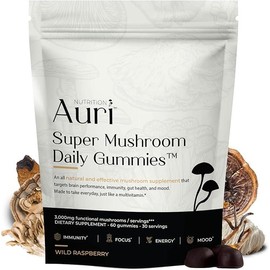 Auri Super Mushroom Daily Gummies – 12 Mushroom Blend with Chaga, Lion’s Mane, Reishi & Cordyceps, 60 Gummies for Mental Clarity, Focus & Energy, Wild Raspberry Flavor