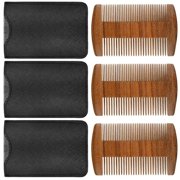 3 Pieces Beard Comb Natural Sandalwood Wooden Mustaches Combs Dual Action Teeth Beard Comb with 3 Pieces Pocket Faux Leather Case for Beards Mustaches (Brown)