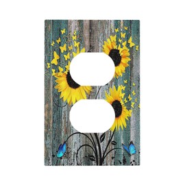 Sunflower Flower Butterfly 1 Gang Electrical Duplex Outlet Cover Plate Blue Wood Plank Decorative Receptacle Plug Covers for Country Home Decor