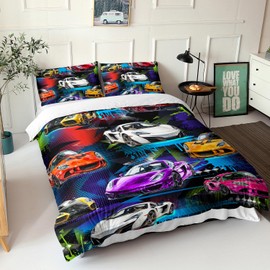 AILONEN Racing Car Duvet Cover Set for Kids Boys Teens Full Size, Extreme Sports Bedding Sets,Cool Speed Race Comforter Cover,Colorful Car Theme Duvet Cover,3 Pieces,1 Quilt Cover and 2 Pillowcases
