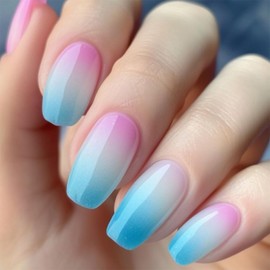 Ballerina Press on Nails Medium Short Fake Nails Pink Blue Gradient Acrylic Glue on Nails Glossy Full Cover False Nails with Gradient Designs Cute Reusable Stick on Nails for Women Girls 24Pcs