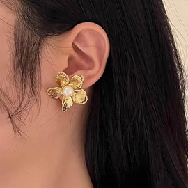TseenYi Pearl Flower Earrings Gold Metal Flower Statement Earrings Large Flower Studs Earrings Rainbow Pearl Earrings Unique Flower Metal Earrings Jewelry for Women and Girls