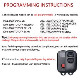 Key Fob Remote Replacement Fits for Toyota 4Runner 1999-2009/CELICA 2001-2005/HIGHLANDER 2001-2007/RAV4 2001-2005/PRIUS/TUNDRA/ECHO/SCION XB 2004-2007 Keyless Entry Remote Control HYQ12BBX (Pack of 2)
