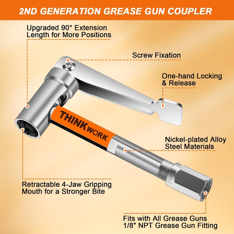 THINKWORK Grease Gun Coupler, 90° Degree Grease Gun Tips, Strong