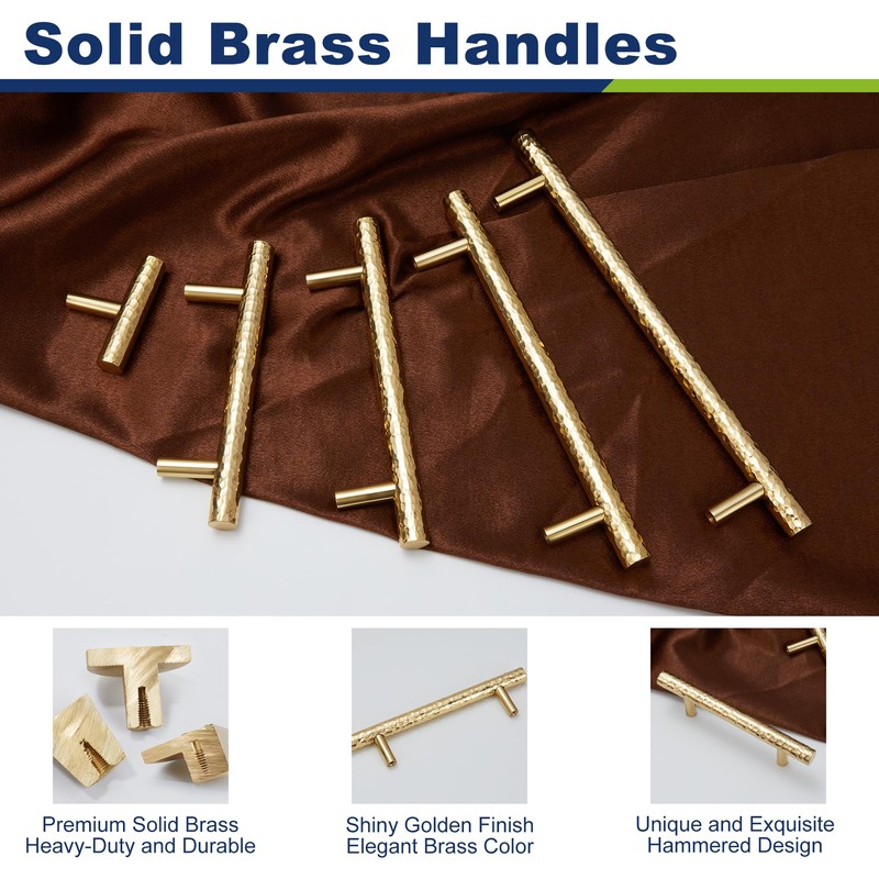 KOPPALIVE 6-Pack Solid Brass Kitchen Cabinet Pulls, Gold Modern T-Bar