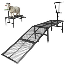 Foldable Goat Stand with Removable Ramp, 51x23" Livestock Trimming Stand with Feed Tray, Metal Goat Sheep Stand 500lbs Capacity for Trimming Shearing Milking Hoof with Adjustable Headpiece & Height