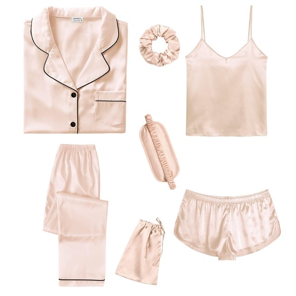SWOMOG Women's Silk Satin Pyjamas Sets 7 Pieces Sleepwear Sexy