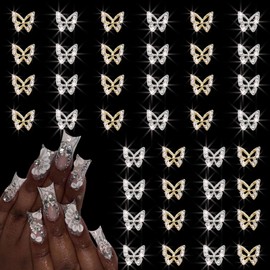 ALGLEA 40 PCS Butterfly Nail Charms, 3D Butterfly Charm for Nail Alloy Butterfly Nail Art Charms with Gems and Rhinestones for Nail Design Cute Nail Art Decorations Supplies（Gold 20，Silver 20）