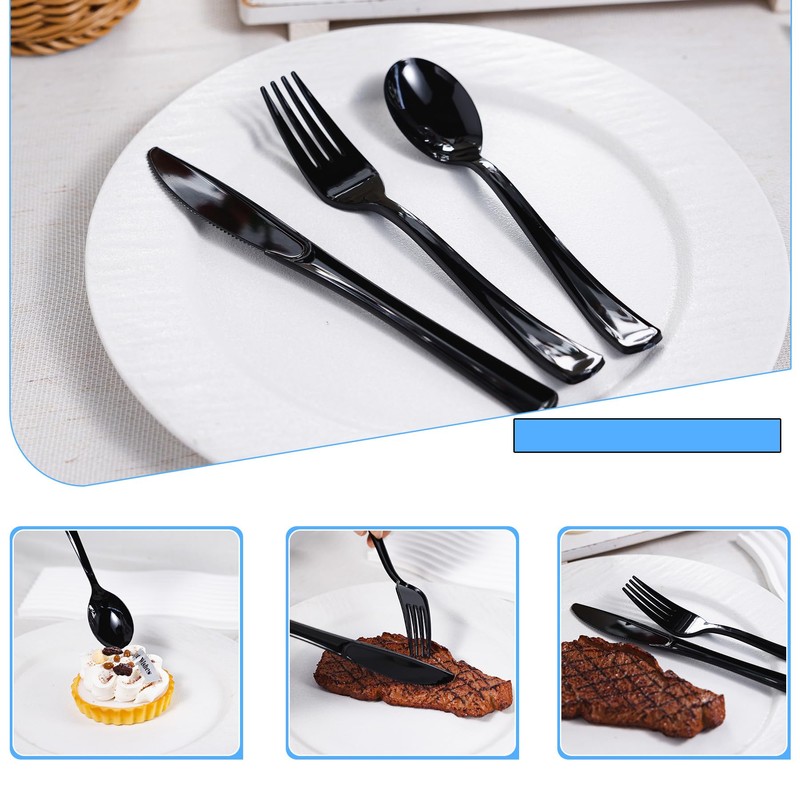 200 Count Black Plastic Forks, Heavy Duty Disposable Cutlery
