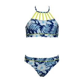 Hobie Girls' Hi Neck Crop Bra Bikini Top & Banded Bottom Swimsuit Set, Sailor Blue//Lei by The Beach, 10